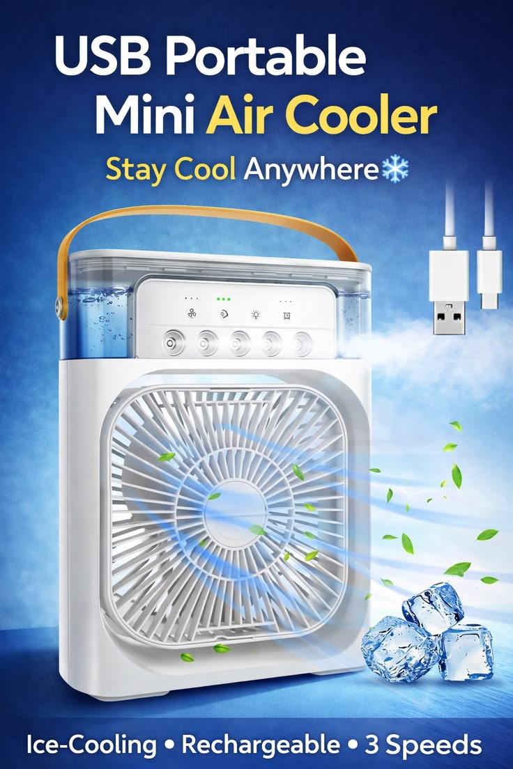✨ Compact 5-in-1 Air Cooler ❄️💨 – Ice Tray & LED Magic 🌟